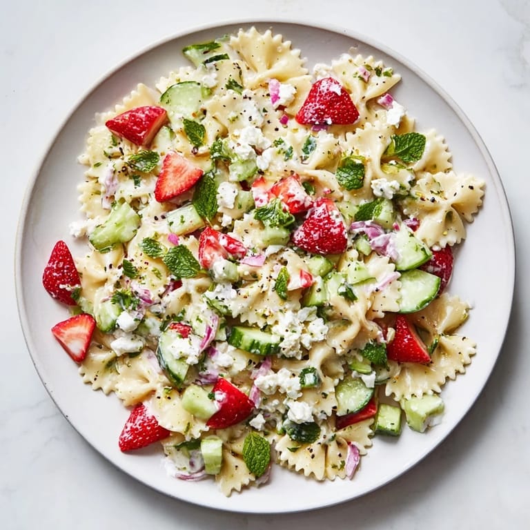 Bright summertime Strawberry Feta Pasta recipe, perfect for a light vegetarian lunch or picnic.