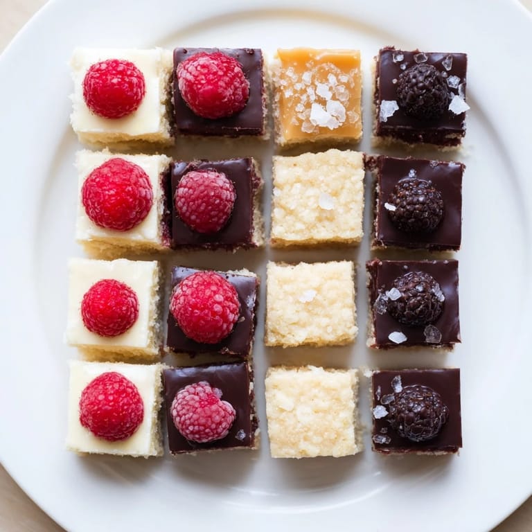 Square-shaped Checkerboard Terrace dessert with a rich chocolate ganache and salty caramel drizzle, ready to serve.