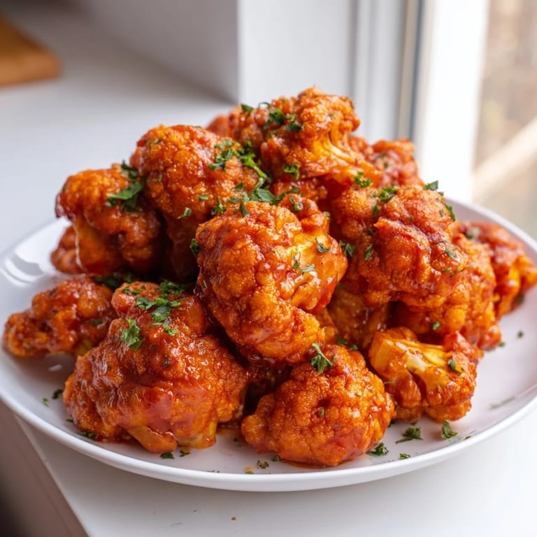 Spicy and savory Sriracha-Buffalo Cauliflower Bites, with vibrant red sauce and a beautiful charred finish.