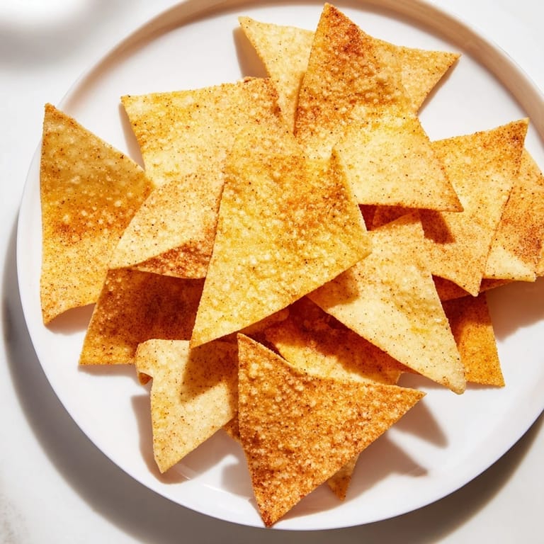 Freshly made Homemade Air-Fryer Tortilla Chips, lightly seasoned, beckoning with their irresistible golden-brown hue and delicious crispness.