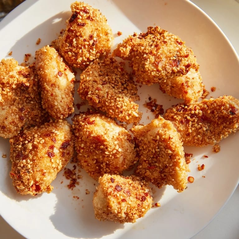 Crispy bite-sized pieces of Spicy Yogurt Chicken, perfectly golden after baking, ideal for dipping and enjoying.