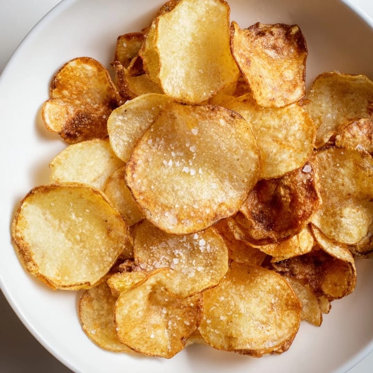 A close-up of perfectly seasoned air-fryer potato chips, offering a light crunch for a savory treat.