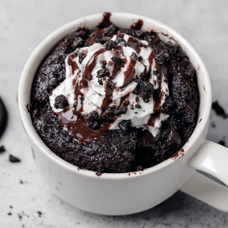 A close-up of a warm, fudgy Oreo mug cake, showing rich chocolate and cookie crumb texture.