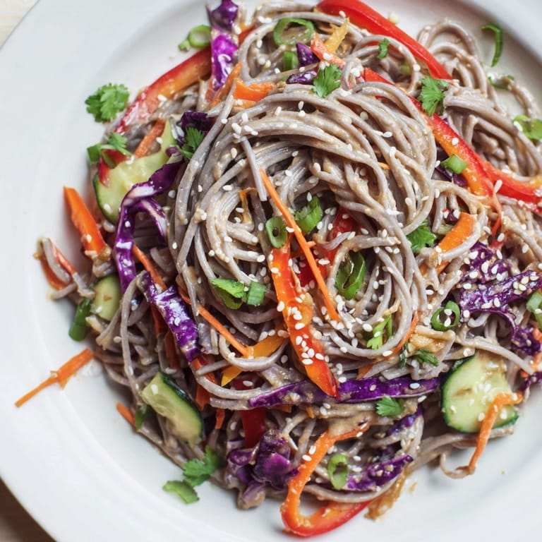 Tantalizing image of soba noodle salad, showcasing noodles and veggies coated in a creamy dressing.
