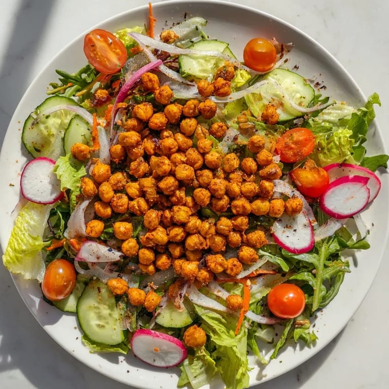 Golden-brown Crispy Chickpea Croutons on top of a vibrant Mixed Greens Salad, perfect for lunch.