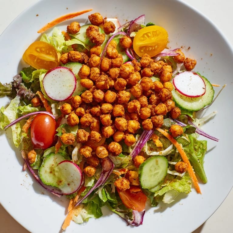 Close-up of a flavorful Mixed Greens Salad, loaded with chickpeas, a vegan-friendly and gluten-free dish.