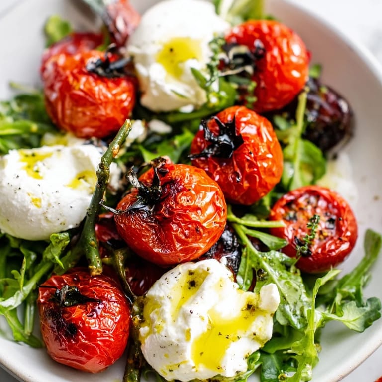 This photo presents a delicious Charred Tomato Salad with Burrata, ready to savor, with optional basil garnish.