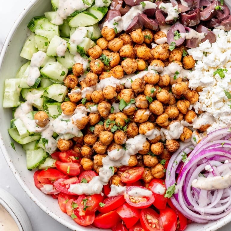 Enjoy a healthy Mediterranean Chickpea Bowl: crispy roasted chickpeas with fresh vegetables and grains.