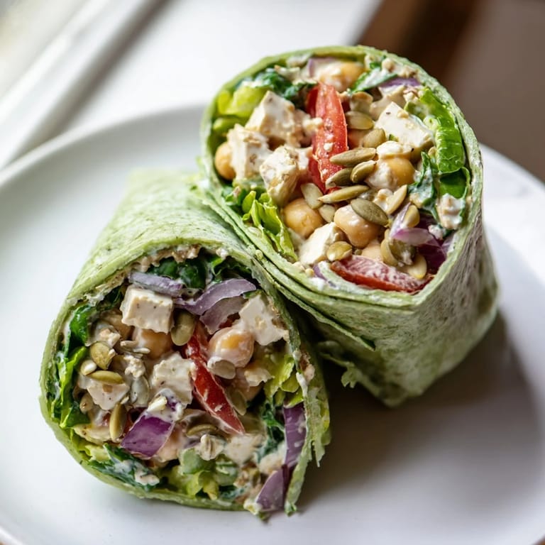 A colorful photo showcases a delicious High-Protein Chicken-less Caesar Wrap, ready to be sliced and served immediately.