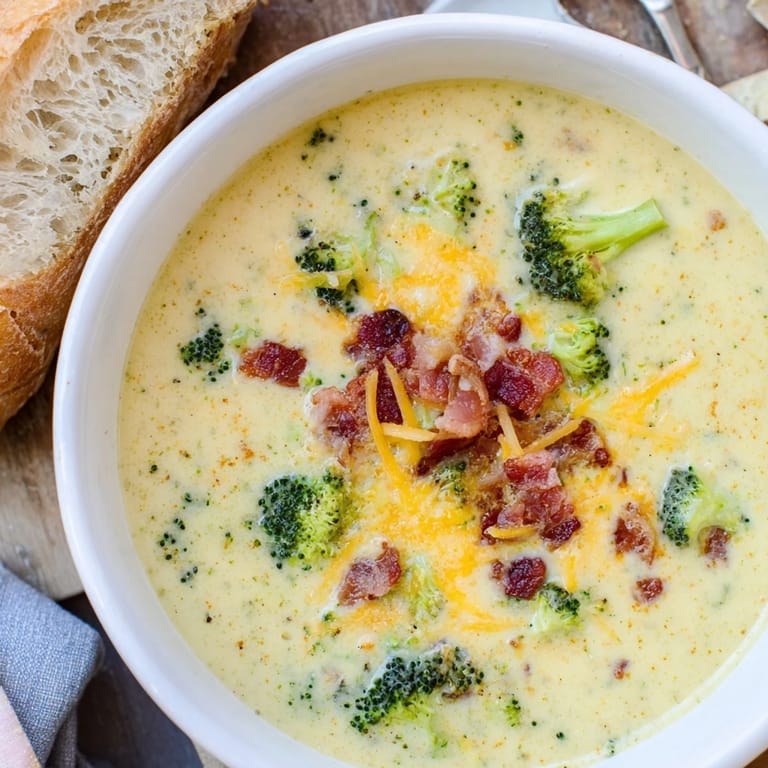 Smooth, vibrant broccoli cheddar soup with melted cheese, perfect for a cozy, comforting lunch.