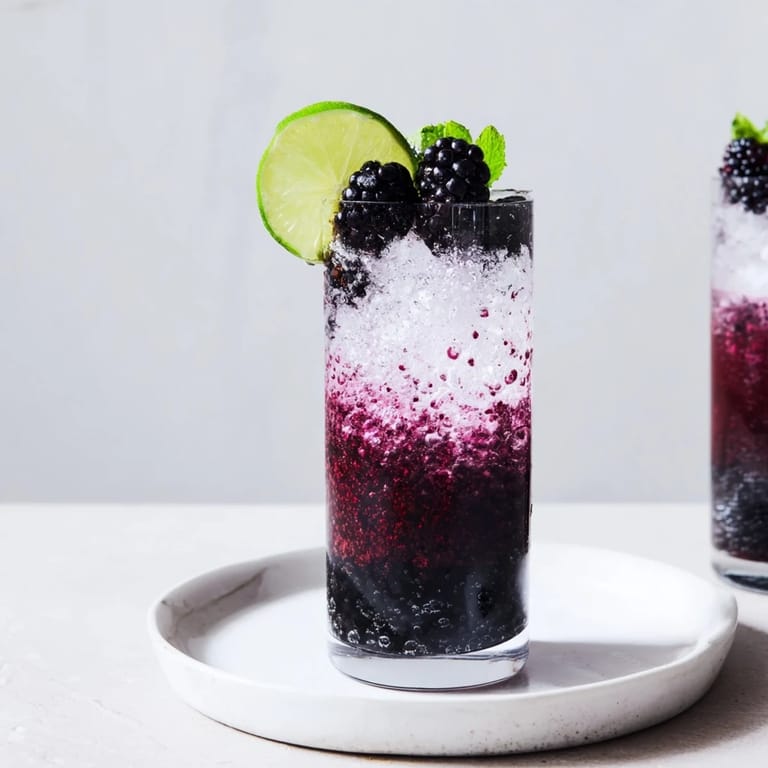 A chilled Dark Matter Mocktail beautifully layered, offering a fizzy, inky black drink with blackberry syrup.