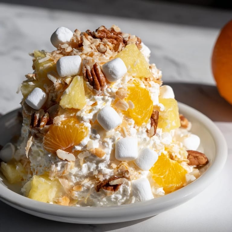 A beautiful bowl of chilled Elevated Ambrosia Salad, showcasing juicy mandarin segments and marshmallows.