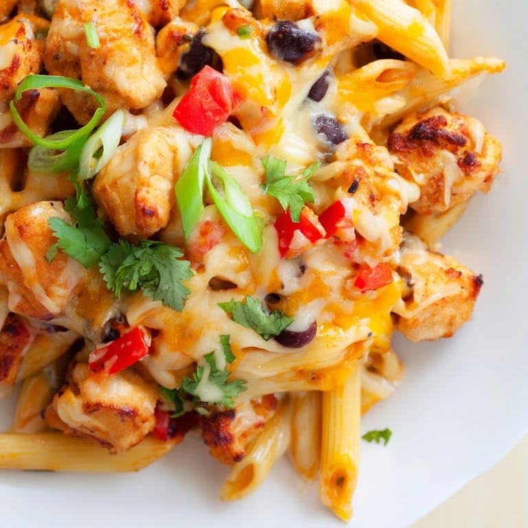 One-pan Crispy Chicken Burrito Pasta served with lime wedges and spring onions, ideal for a quick weeknight dinner.