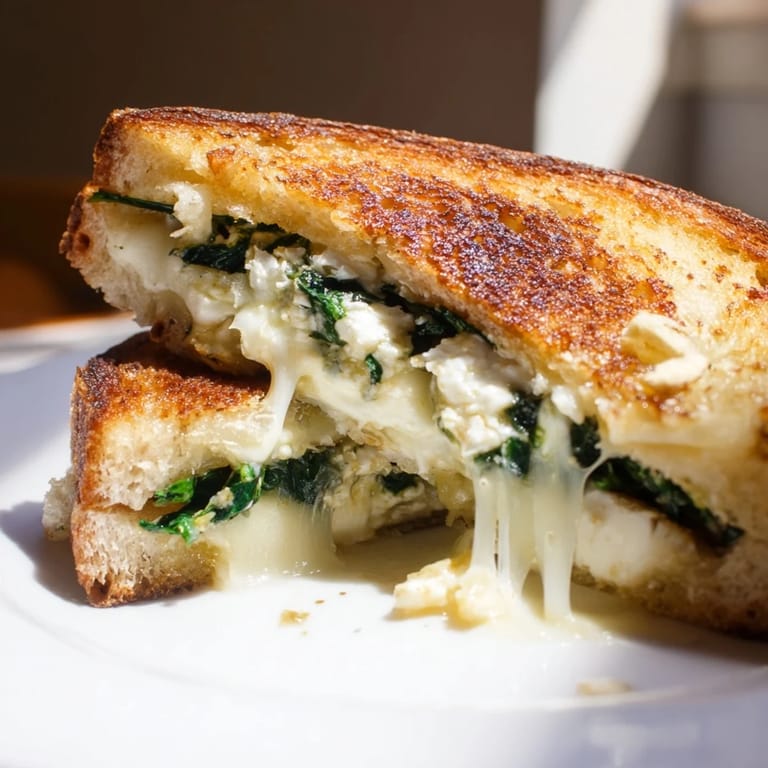 Freshly prepared Feta & Spinach Stuffed Grilled Cheese sandwiches, perfectly toasted and served warm for a savory lunch.  