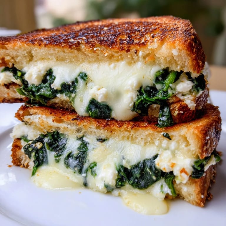 Close-up of a Feta & Spinach Stuffed Grilled Cheese, showcasing the gooey melted cheese and sautéed spinach tucked inside.