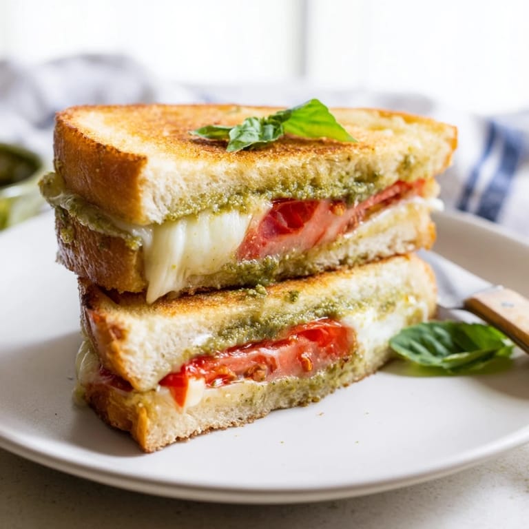 The Caprese Pesto Grilled Cheese sandwich garnished with fresh basil leaves, served warm on a rustic cutting board with a side of tomato.