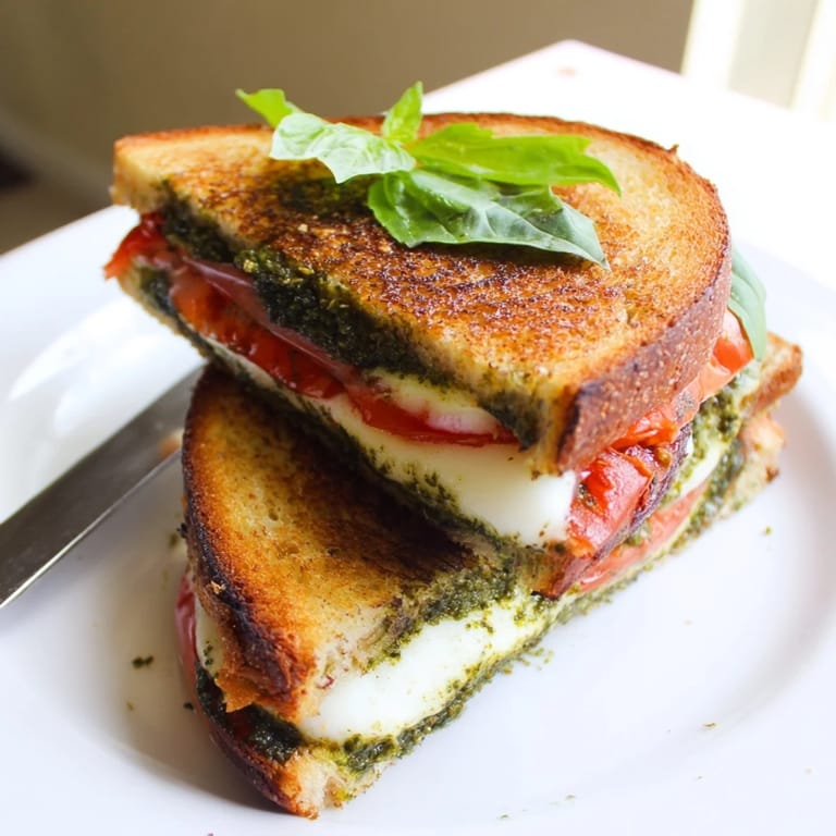 A close-up of the Caprese Pesto Grilled Cheese cut in half, showing layers of fresh tomato and melted cheese between buttery, toasted bread.