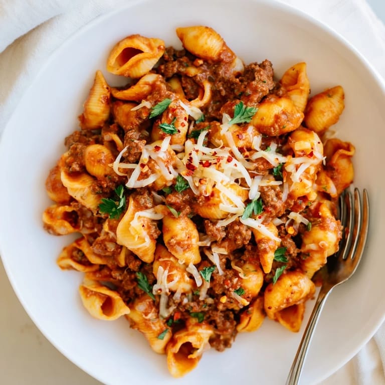A hearty one-pot meal of tender pasta shells and browned ground beef in a velvety, cheesy tomato sauce, ready for a weeknight dinner.