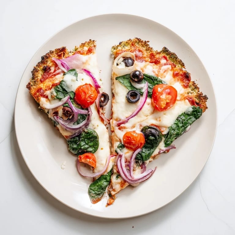 Serving suggestion for Broccoli Chicken Crust Pizza with herbs and chili flakes beside a rustic wooden board.