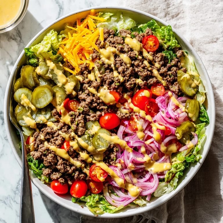 Deconstructed burger bowl featuring seasoned beef, crunchy onions, and tangy pickles, crowned with a creamy sauce in this gluten-free Easy Big Mac in a Bowl.