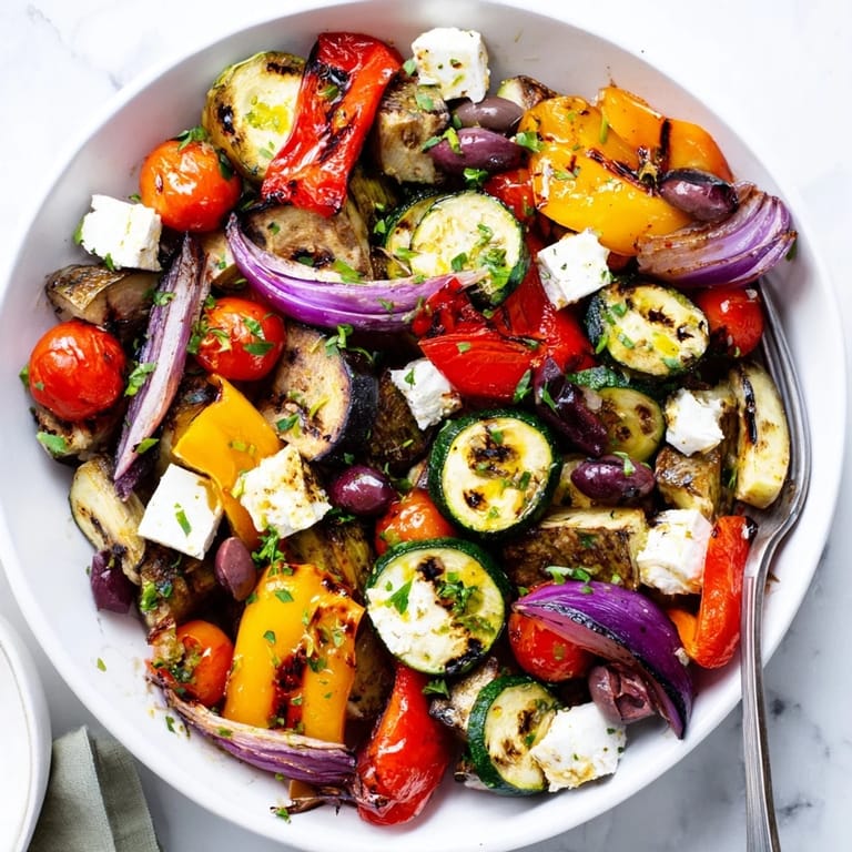 Vibrant Roasted Greek Salad features golden eggplant and bell peppers tossed with briny olives and creamy feta on a bed of cucumber.  