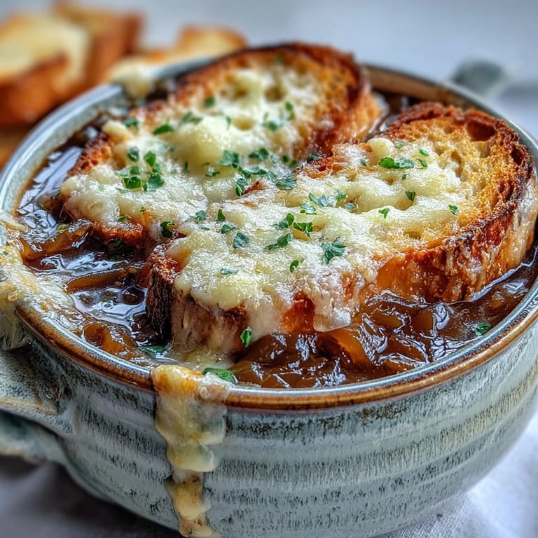 A close-up of French Onion Soup with a deep caramelized onion broth, topped with crusty bread and melted cheese.