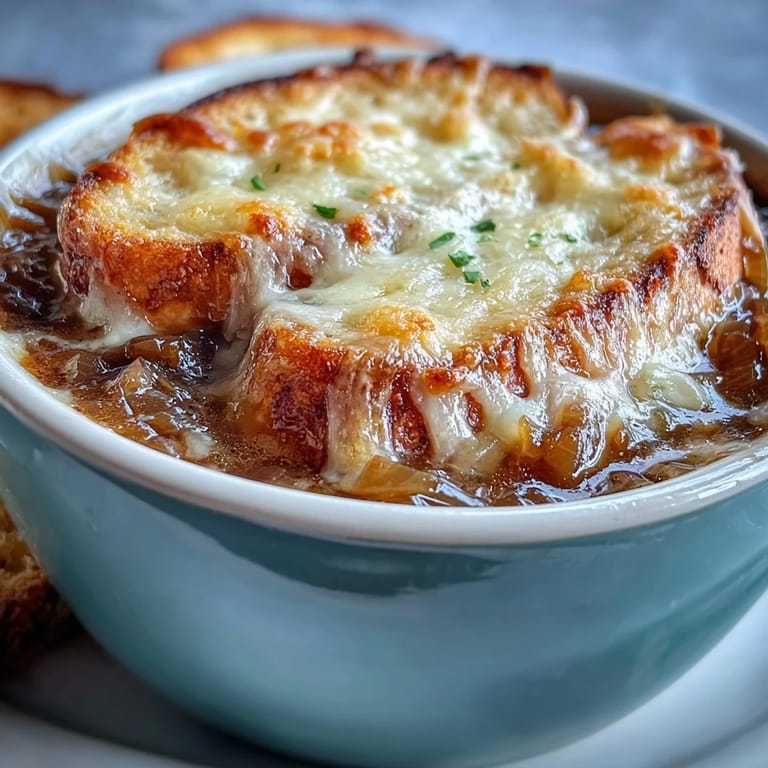A close-up of Classic French Onion Soup reveals a toasted baguette slice melting under rich, nutty Gruyère cheese and savory broth.