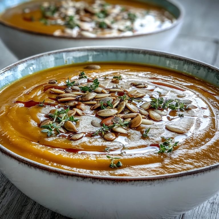 A bowl of velvety Butternut Squash Soup topped with toasted pumpkin seeds and maple syrup drizzle.