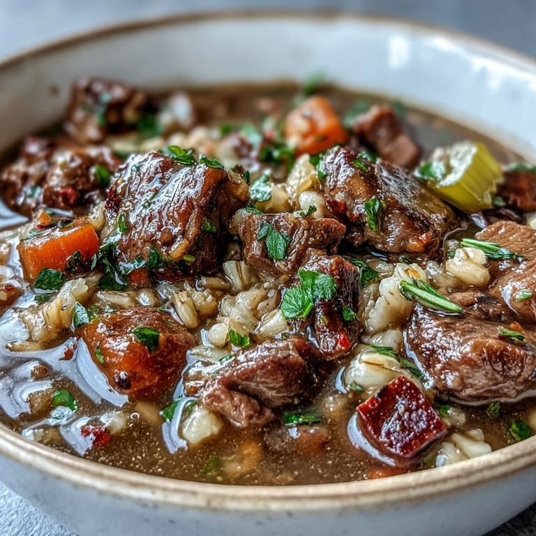 A ladle pours steaming Beef and Barley Soup over potatoes and mushrooms, served with crusty bread for dipping on the side.