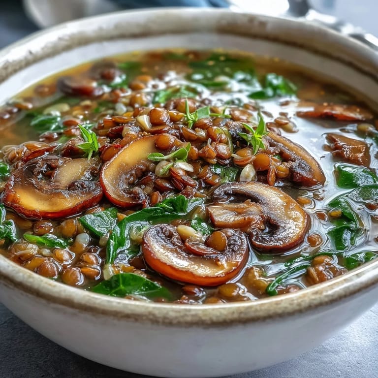 Top-down view of a rich Double Lentil and Mushroom Barley Soup garnished with fresh parsley, with mushrooms and lentils peeking through the thick broth.