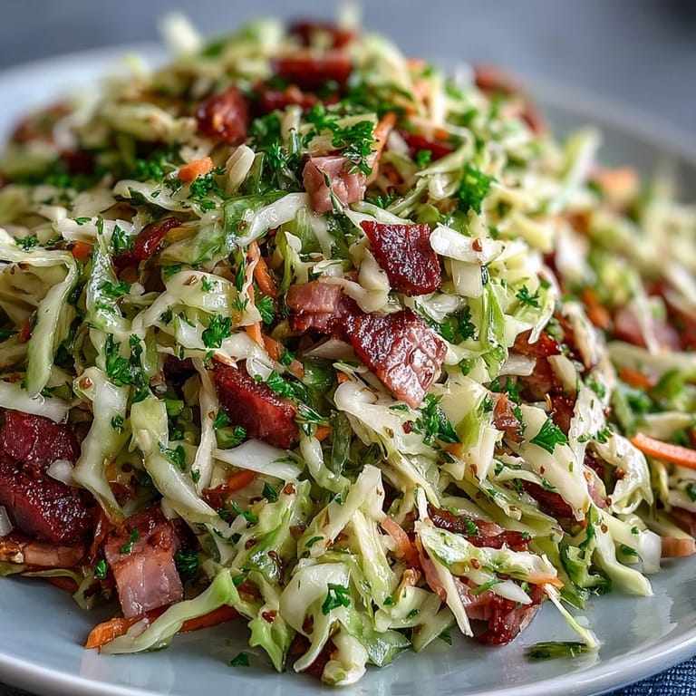 A close-up view of German Cabbage Coleslaw With Shredded Ham in a white serving bowl, garnished with fresh parsley and caraway seeds.