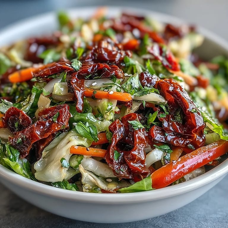 Cabbage salad with sun-dried tomatoes is tossed with fresh herbs and a vinaigrette, ready for a summer picnic.