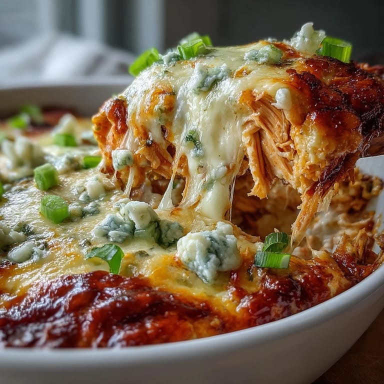 A creamy bowl of Buffalo Chicken Dip served with crisp celery sticks and blue cheese dressing on the side.