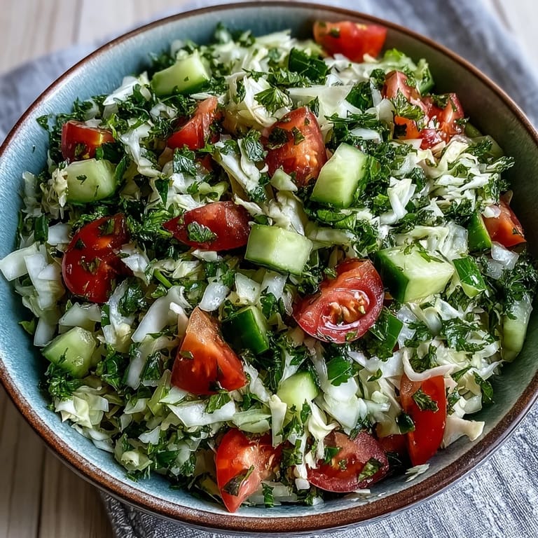 Colorful vegan Lebanese Cabbage Salad featuring shredded green cabbage, diced tomatoes, cucumber, and green onions for a refreshing side dish.  