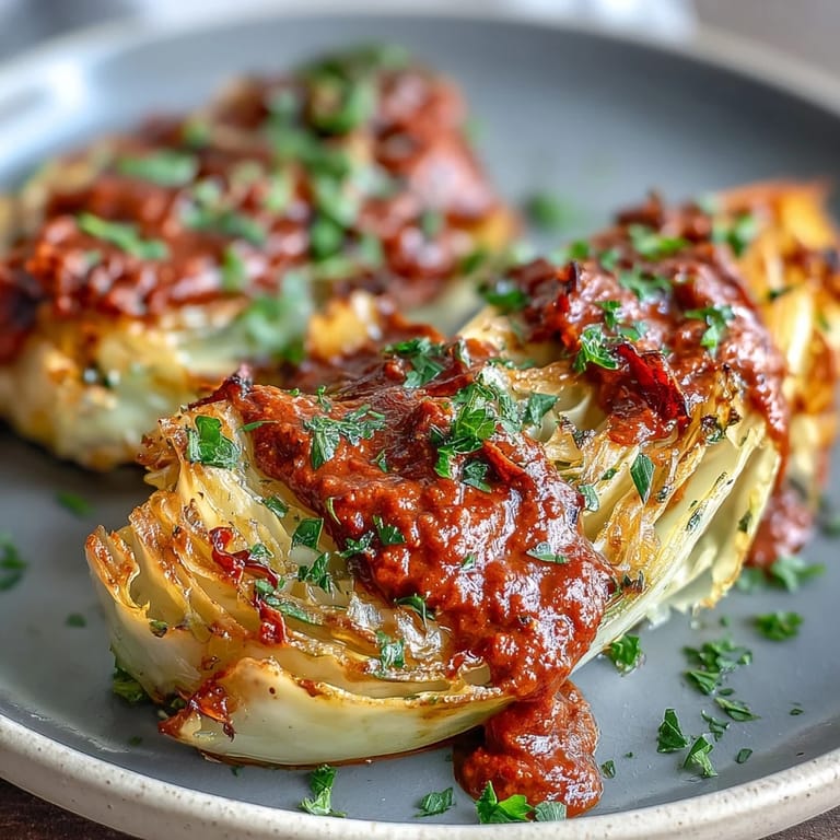 Golden cabbage wedges topped with vibrant winter romesco, a toasted walnut and sun-dried tomato sauce, perfect for a vegetarian main.