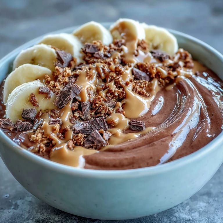A textured close-up of a Chocolate Peanut Butter Smoothie Bowl, featuring a creamy cocoa base and a generous sprinkle of granola.