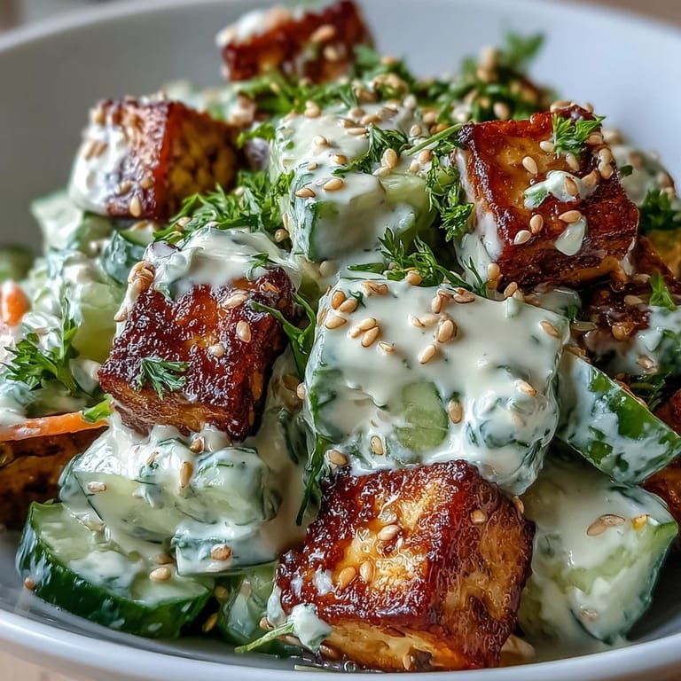 Creamy Asian Cucumber Salad with Crispy Tofu features cool cucumbers tossed in a sesame-ginger dressing, served with lime.