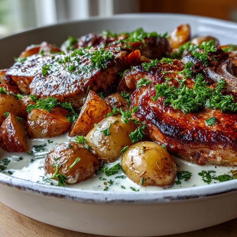 Crockpot Ranch Pork Chops with velvety sauce over soft potatoes and carrots, garnished with fresh parsley.