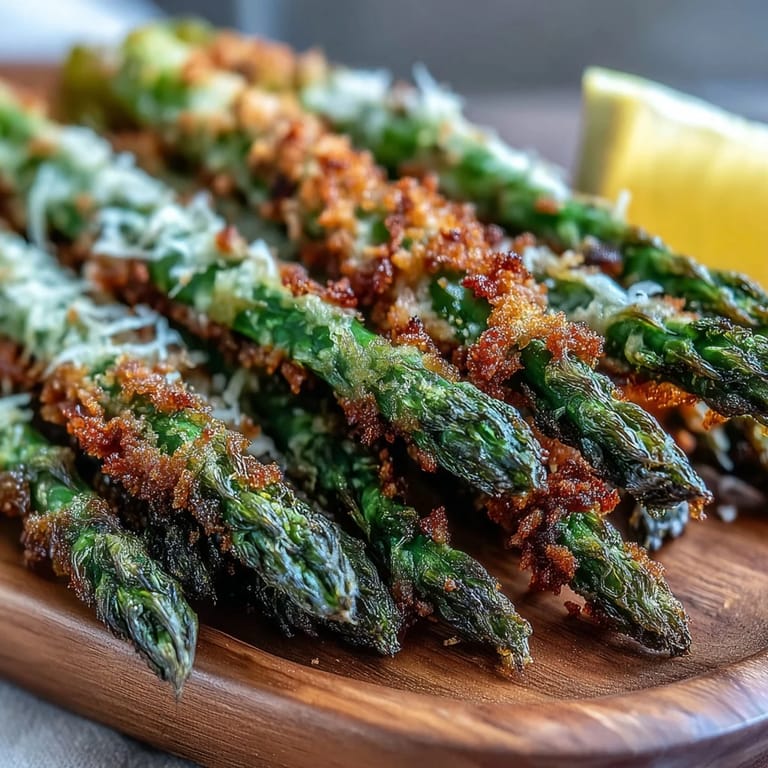 Golden panko and Asiago coated asparagus spears, garnished with parsley and ready to dip.