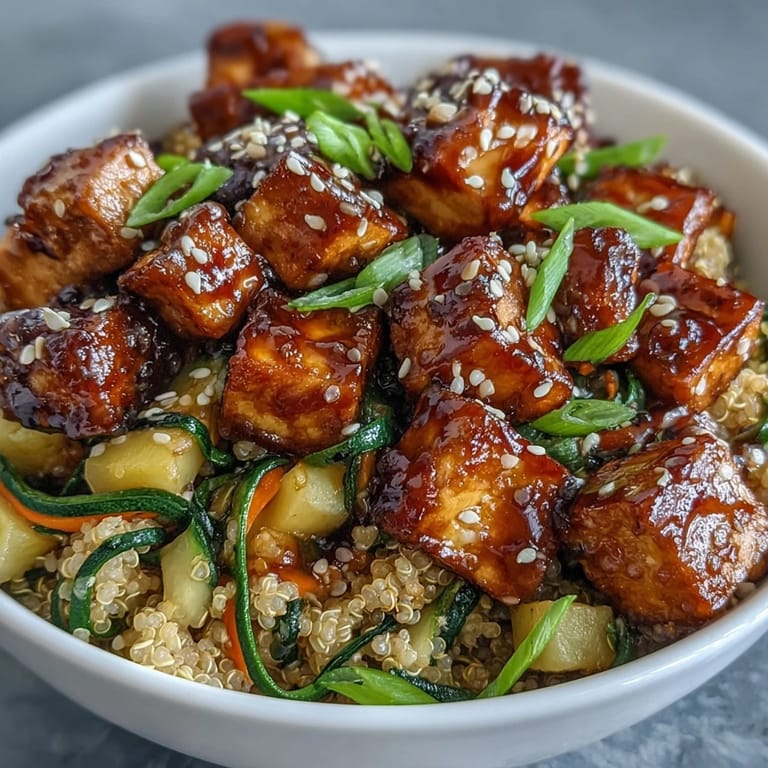 A wholesome and vibrant Easy Teriyaki Quinoa Bowl featuring fluffy grains, spiralized veggies, and succulent baked tofu, finished with a glossy drizzle of homemade teriyaki sauce.