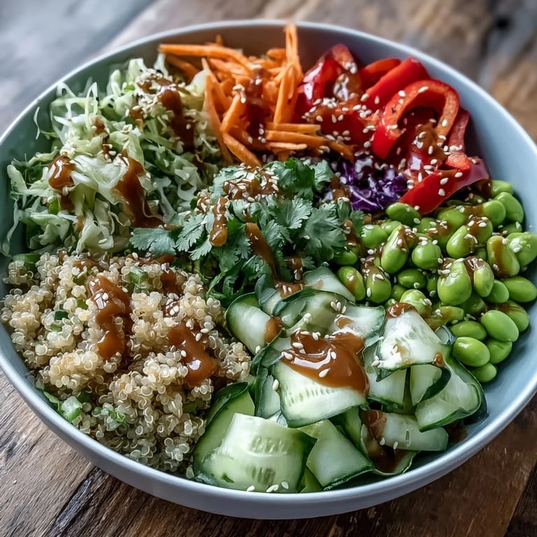Vibrant Thai Coconut Quinoa Bowl garnished with edamame, sliced cucumbers, and a lime wedge on a rustic wooden table.