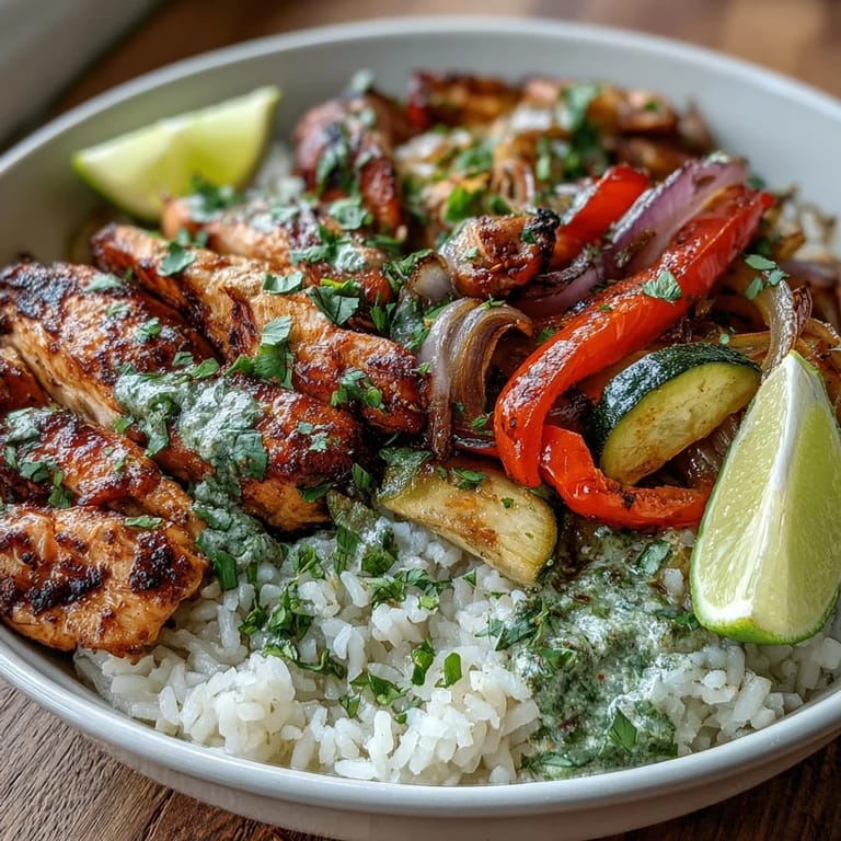 Overhead view of Sheet Pan Fajita Bowl with tender chicken and sautéed fajita veggies served over white rice, garnished with chopped cilantro and a dollop of sour cream for a wholesome family dinner.