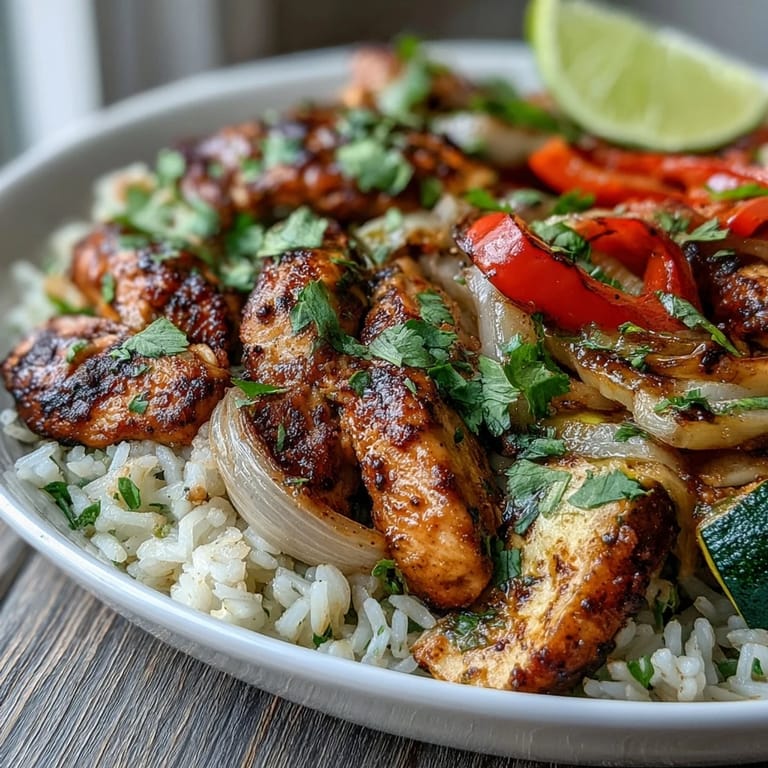 Vibrant Sheet Pan Fajita Bowl showcasing seasoned roasted chicken and caramelized red onions mixed with zucchini, served over a bed of steaming rice and topped with fresh pico de gallo and salsa.