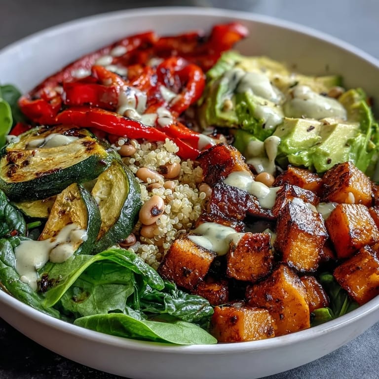 Colorful plant-based Buddha bowl with seasoned black-eyed peas, diced sweet potato, sliced avocado, and fresh cilantro, finished with a luscious tahini sauce on a white ceramic dish.