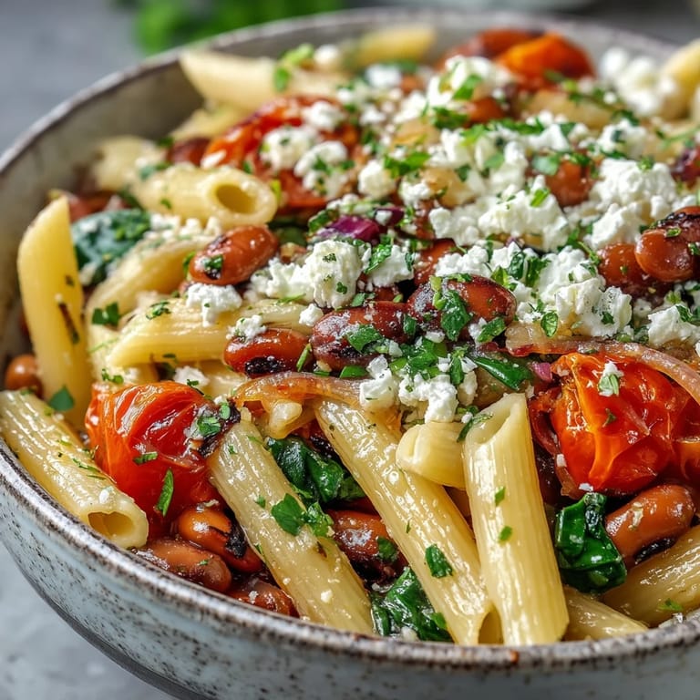 Close-up of Black-Eyed Pea Pasta with garlic, lemon zest, and crumbled feta on a plate.