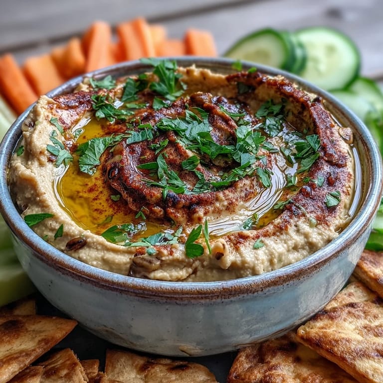 Ready-to-serve Black-Eyed Pea Hummus garnished with olive oil and paprika near lemon wedges.