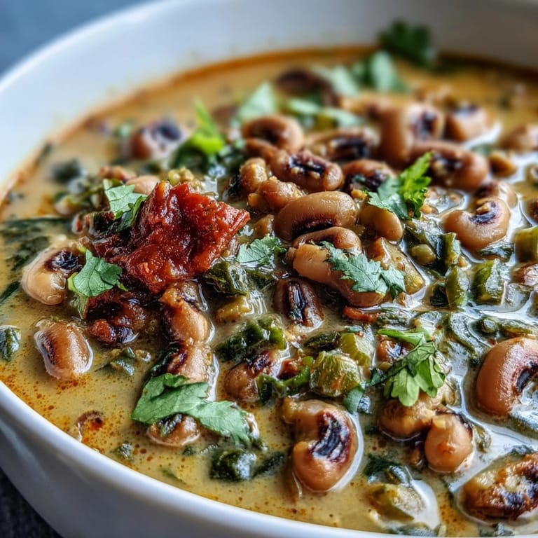 Spicy Black-Eyed Pea Curry with coconut milk and tender black-eyed peas, garnished with a fresh lime wedge for squeezing.