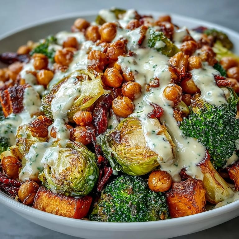 Crispy roasted chickpeas and caramelized sweet potatoes in a Roasted Veggie & Chickpea Bowl, perfect for meal prep.