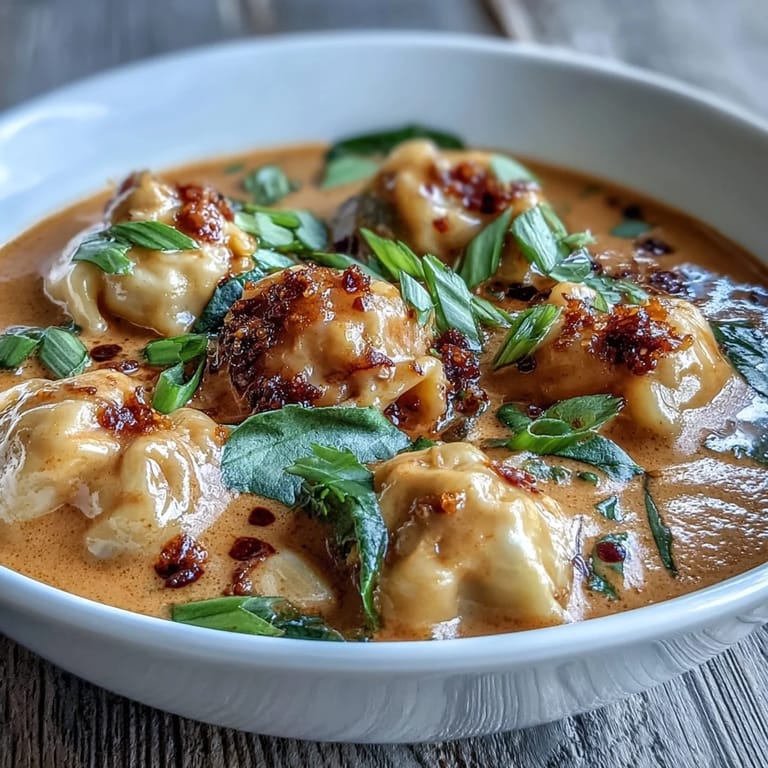 Coconut curry soup with dumplings garnished with cilantro and chili oil beside chopsticks.