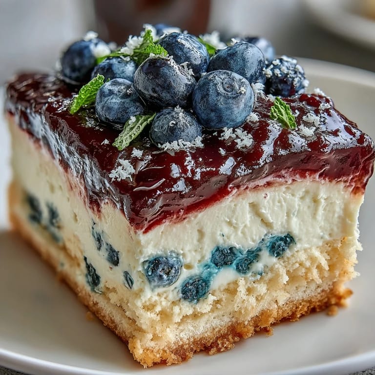 A chilled slice of Lemon Blueberry Shortbread Mousse Cake reveals creamy layers and a rustic berry swirl.